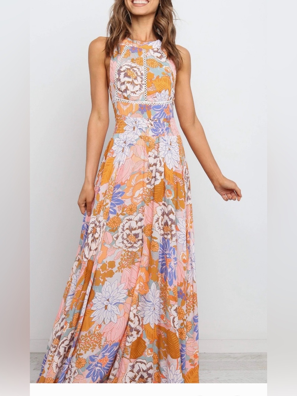 Petal & Pup Floral Halter Maxi Dress in Peach, Mustard & Lavender